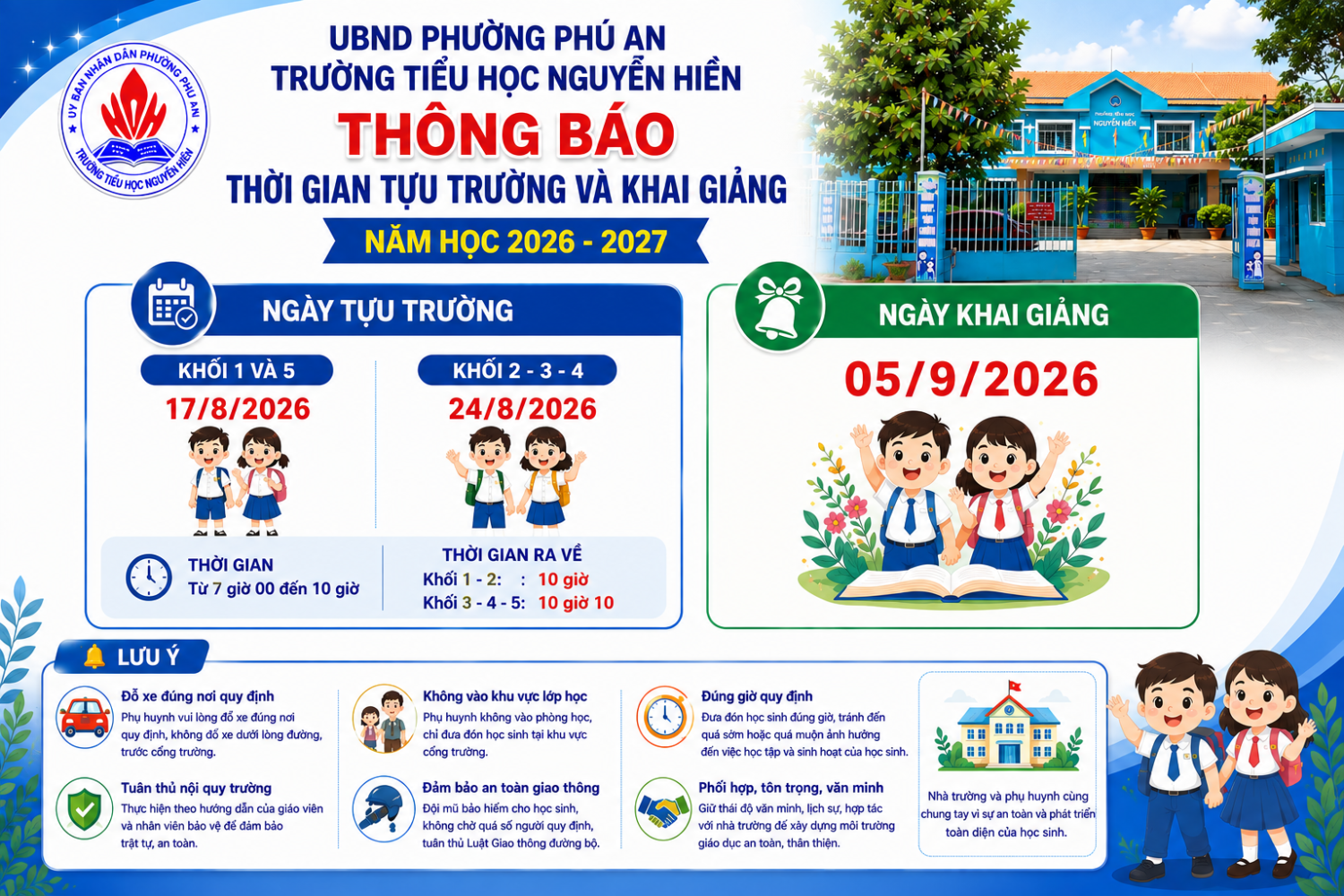 Thông báo thời gian tựu trường và khai giảng - Năm học 2026-2027